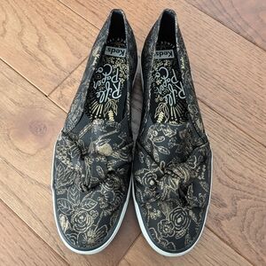 Keds X Rifle Paper Co Triple Kick Slip-On Sneakers Black Gold Metallic Size 7.5